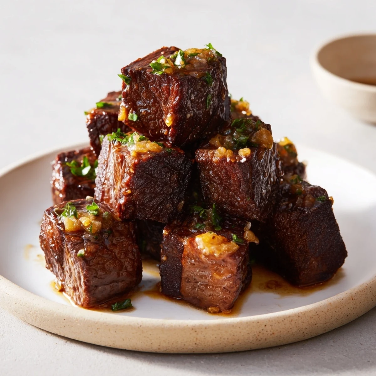 A close-up view of tender Skillet-Seared Steak Bites, ready to enjoy with crusty bread.