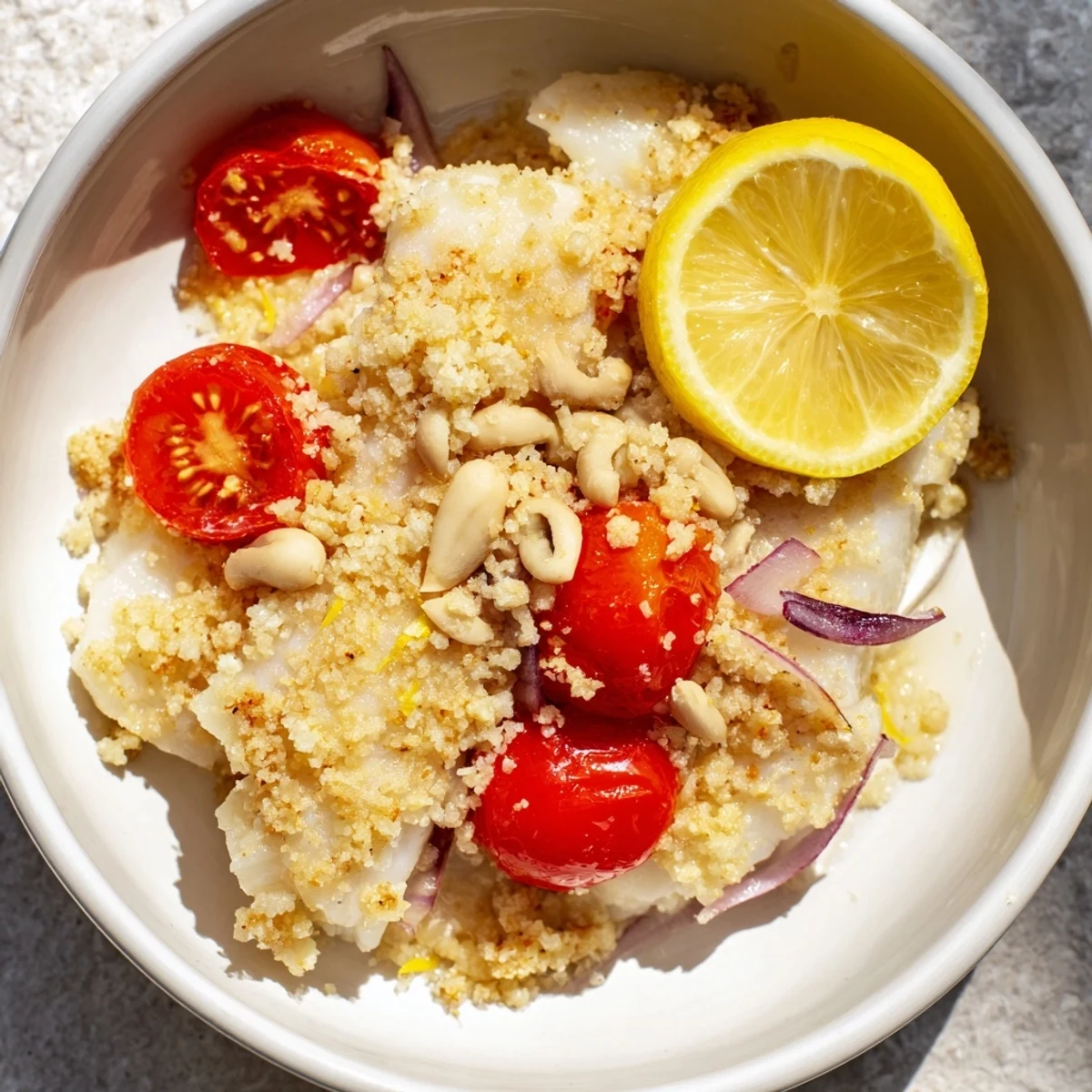 Golden, flaky One-Tray Baked Cod with juicy tomatoes, olives, and herbs, perfect for a Mediterranean dinner.