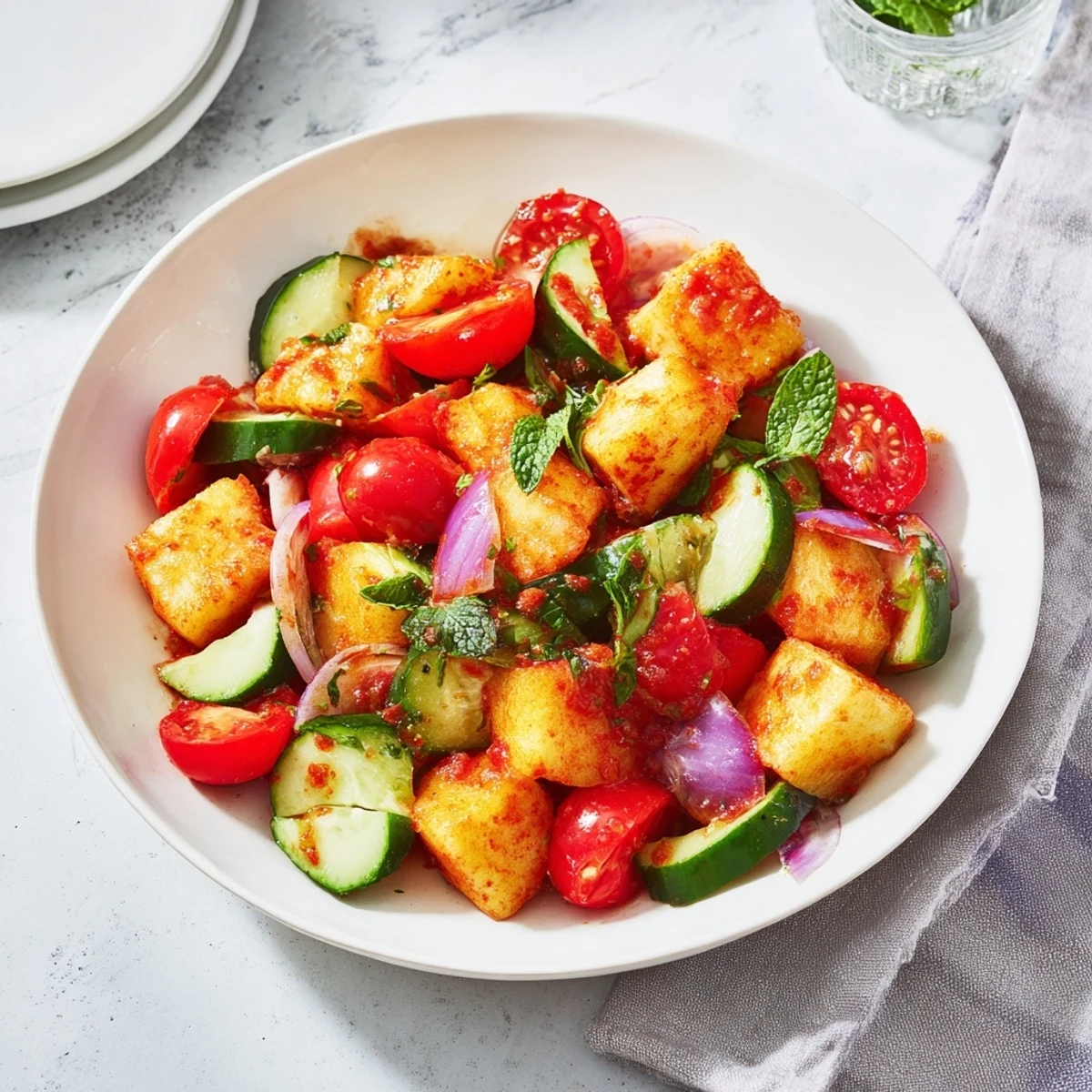 A close-up view of fresh cucumber and chickpea salad, colorful and full of flavor.