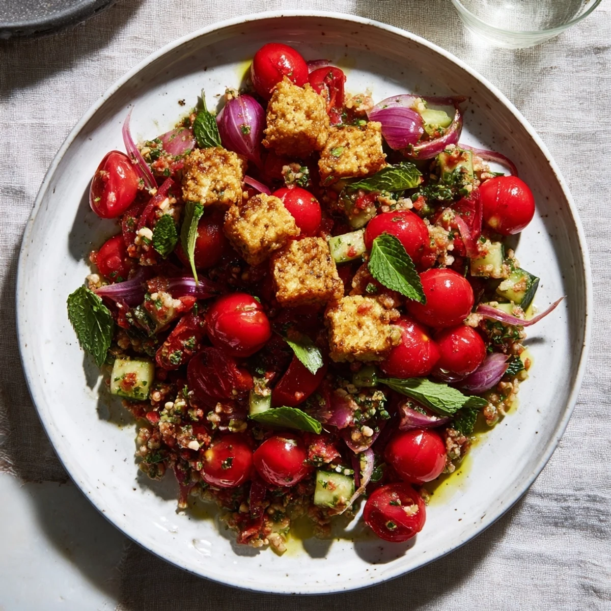 Fresh cucumber and chickpea salad, vibrant with tomatoes, ready to serve with lemon-mint dressing.
