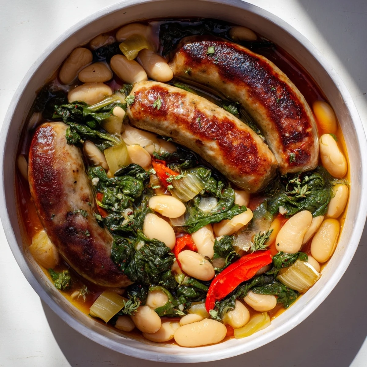 Close-up of One-Pot Sausage and White Bean Hearty Stew; steaming and full of savory ingredients.