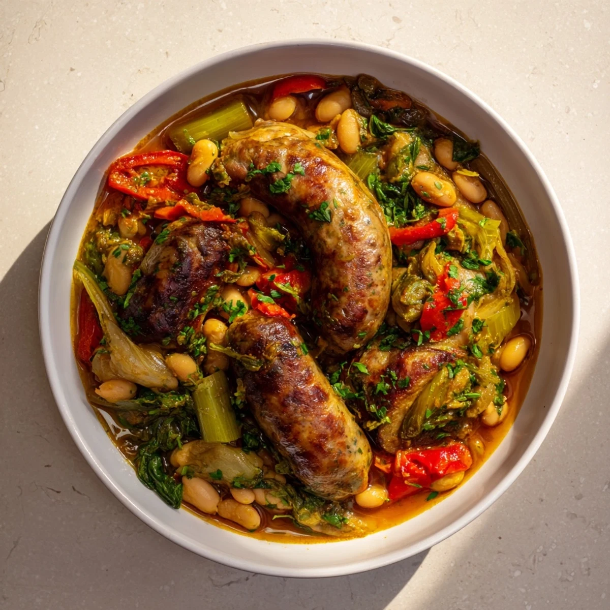A Dutch oven brimming with finished One-Pot Sausage and White Bean Hearty Stew, ready for a warm meal.