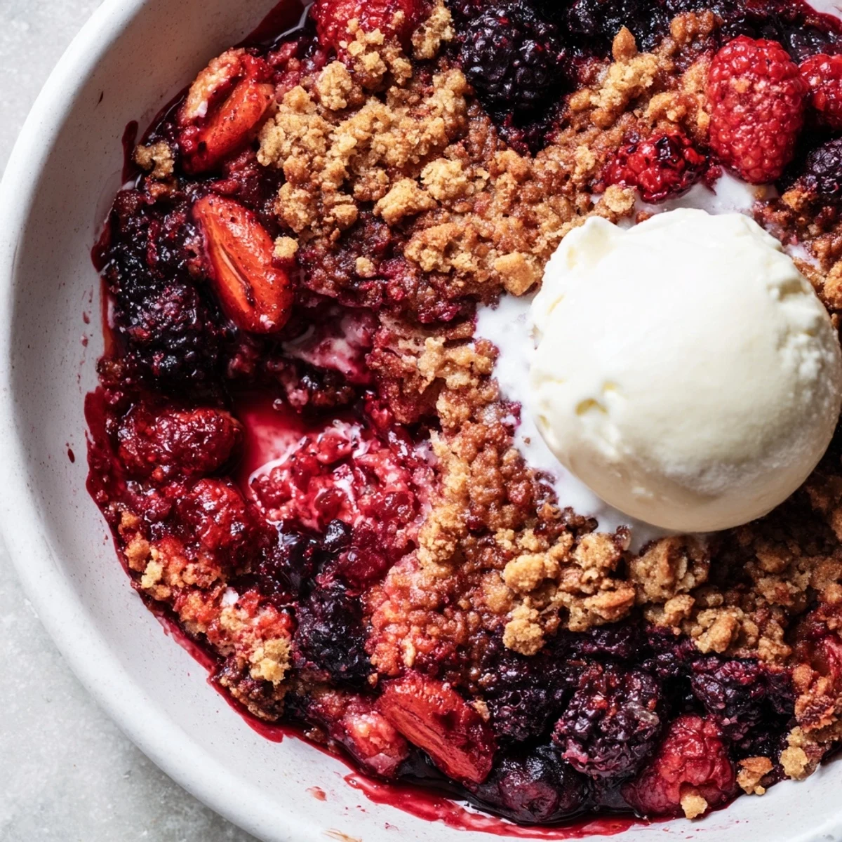 Warm, bubbling Rustic Summer Berry Cobbler topped with golden biscuit and creamy vanilla ice cream.