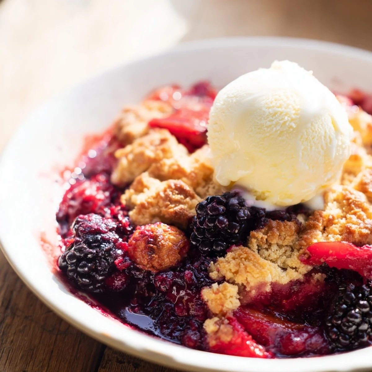 A close-up of a Rustic Summer Berry Cobbler, showing juicy berries with a buttery biscuit crust.