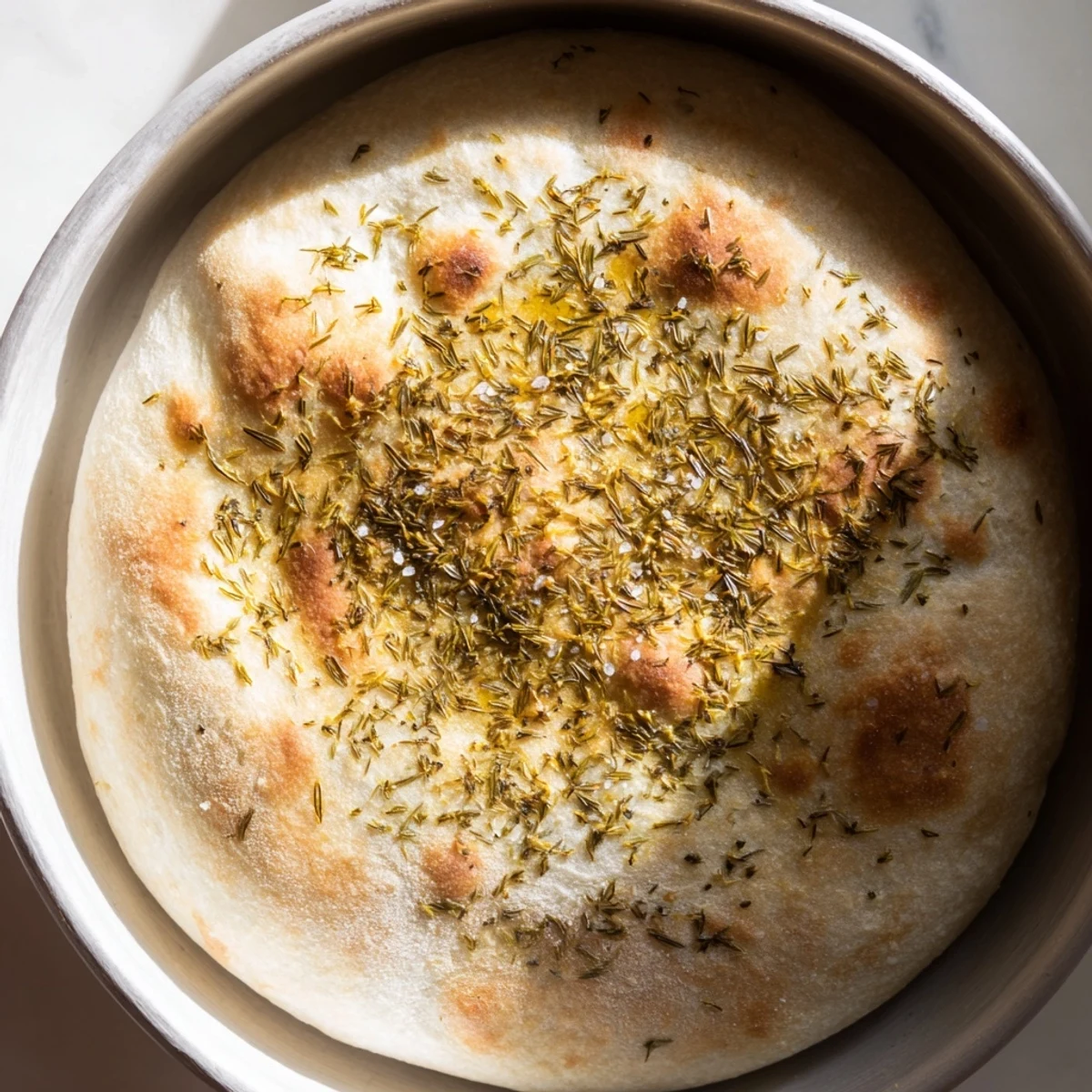 Golden-brown quick homemade flatbread, seasoned with rosemary and sea salt, ready to eat.