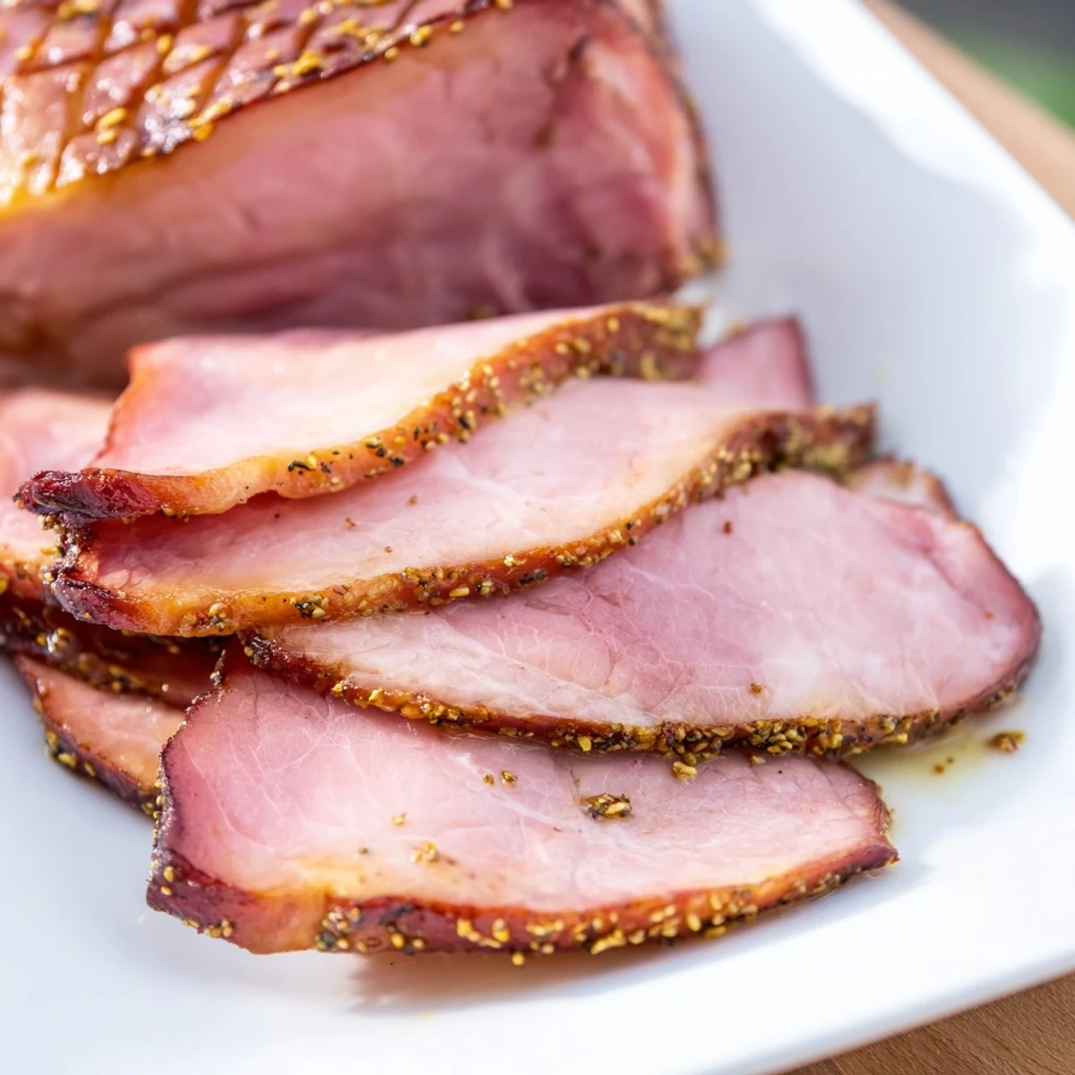 A glistening Slow-Cooked Honey Glazed Ham, richly glazed and served with orange slices.