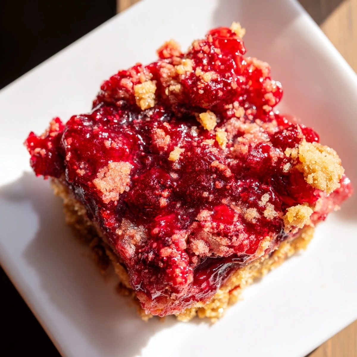 Crumbly topping on Simple Homemade Strawberry Jam Squares, inviting you to imagine the sweet, fruity aroma.