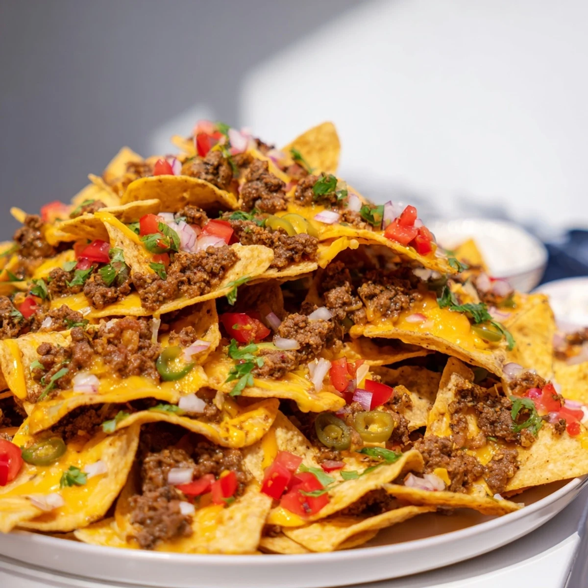 Golden, bubbly melted cheese covers a sheet pan of delicious, fully-loaded Classic Sheet Pan Beef Nachos.