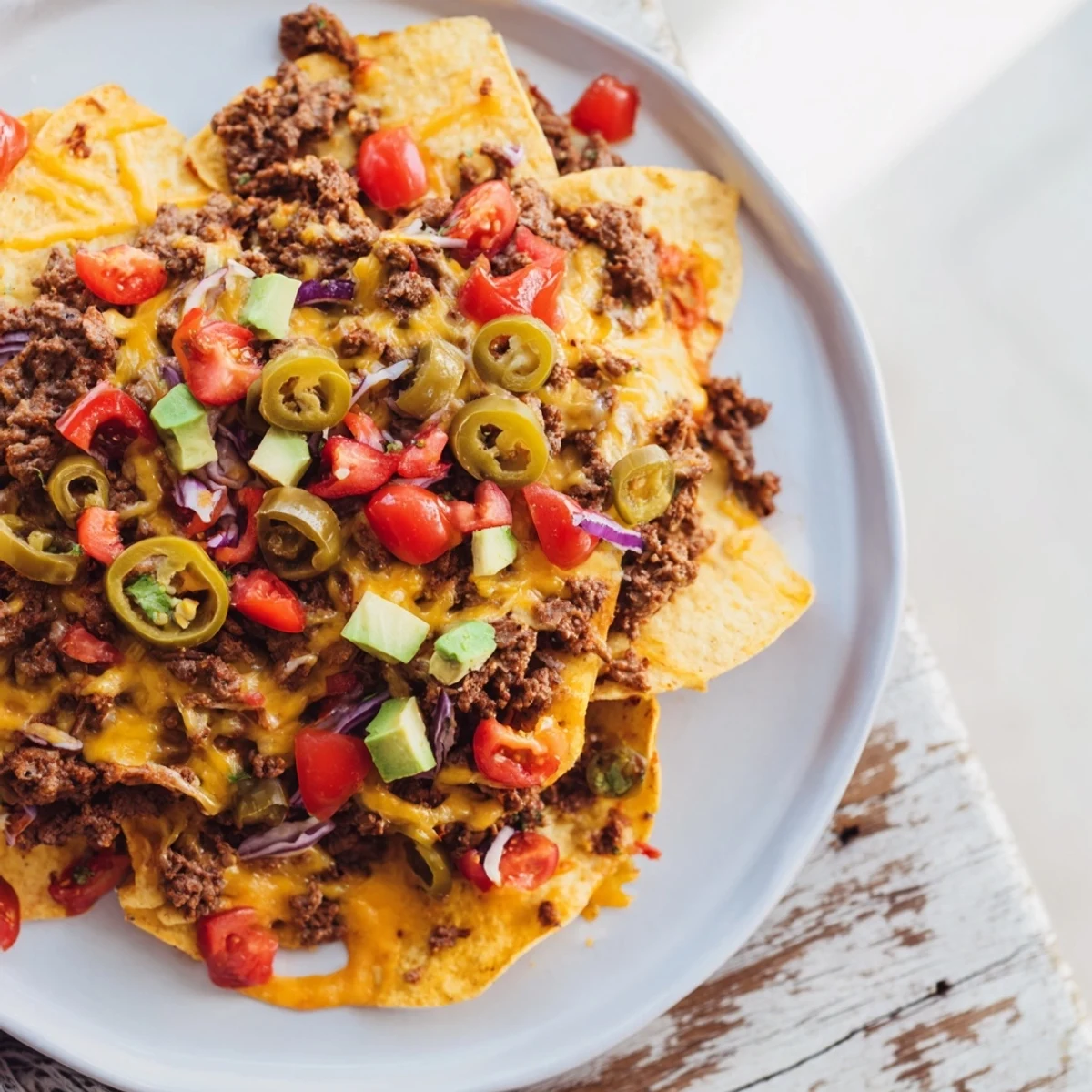 Visualize the hearty Classic Sheet Pan Beef Nachos with savory beef, and colorful toppings ready to eat.