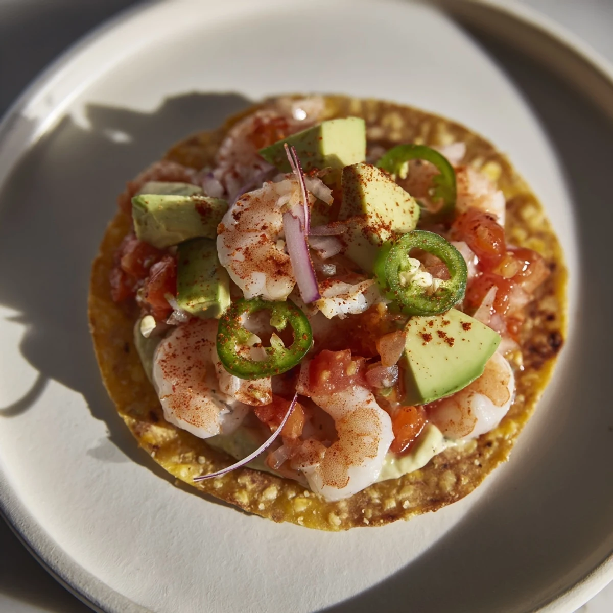 Savory Quick Shrimp and Avocado Tostadas: Crispy corn shells generously loaded with flavorful shrimp.