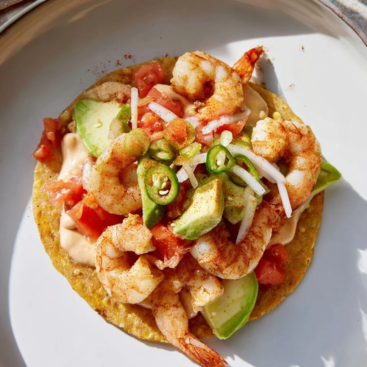 Enjoy a visual of colorful Quick Shrimp and Avocado Tostadas; a quick, fresh, and delicious Mexican meal.