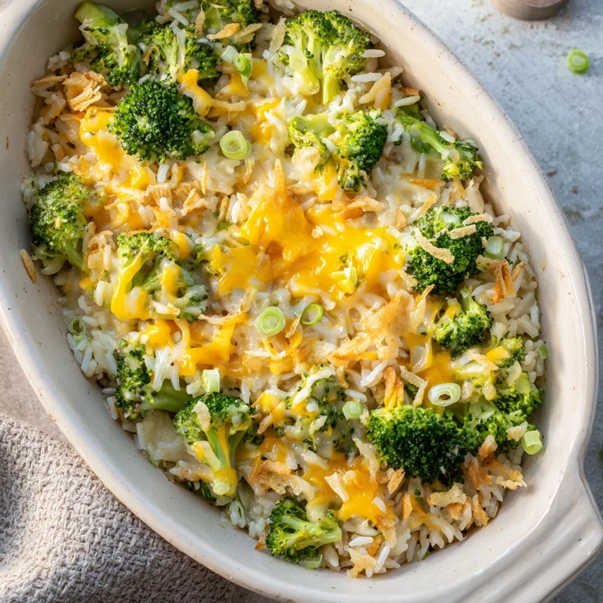 Golden, bubbly Cheesy Broccoli and Rice All-in-One Bake, with a satisfying cheesy crust and tender broccoli florets.