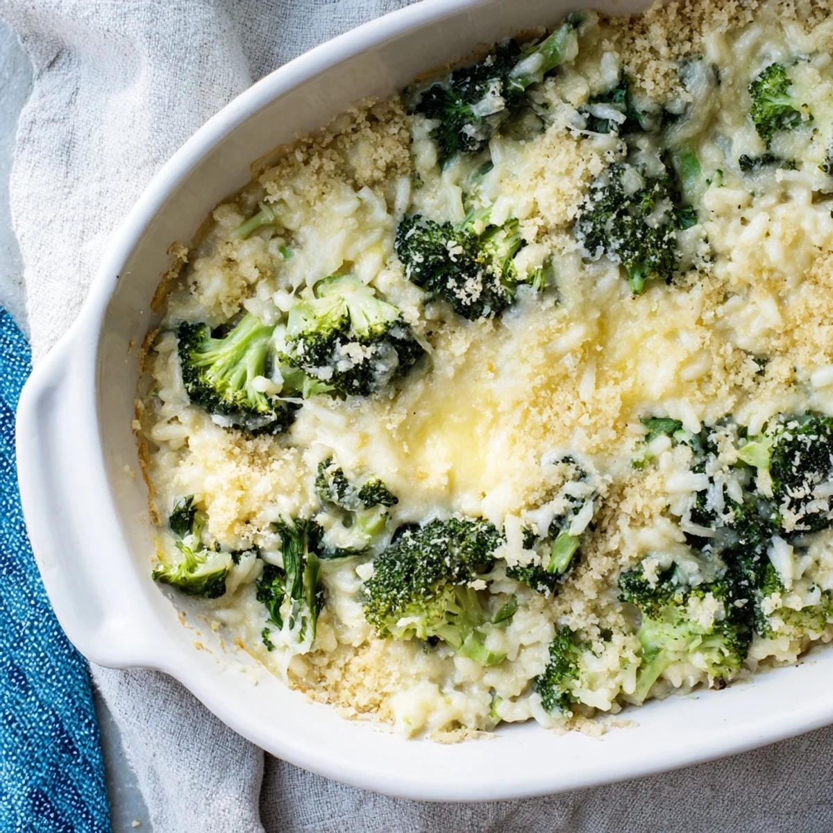 A family-favorite Cheesy Broccoli and Rice All-in-One Bake, fresh from the oven, ready to serve with a salad.