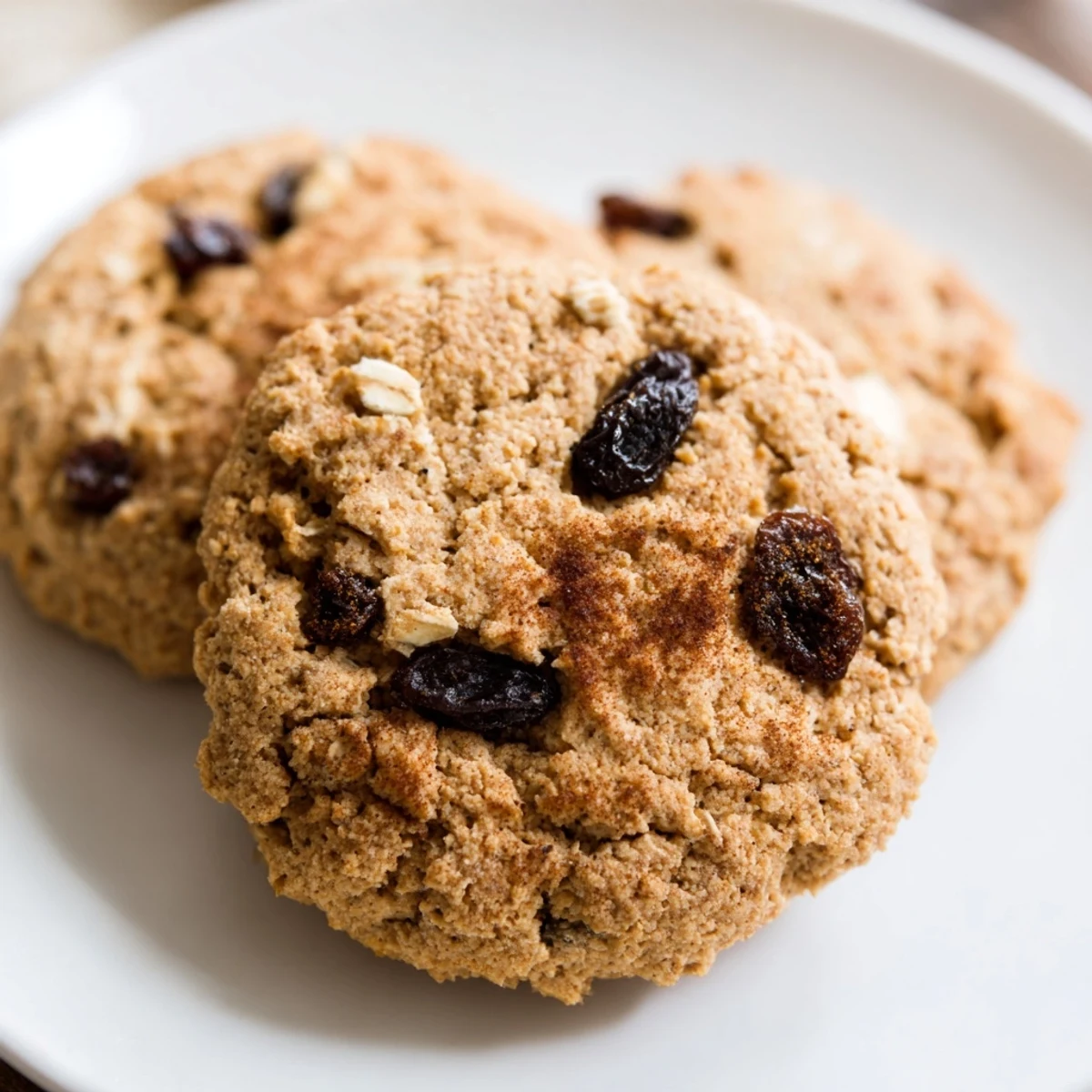 Soft-baked oatmeal raisin cookies: a close-up shows warm, chewy breakfast cookies with visible raisins.
