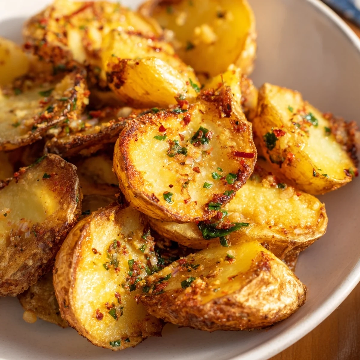 Golden-brown crispy garlic butter roasted smash potatoes, a delicious side dish with fluffy interiors.