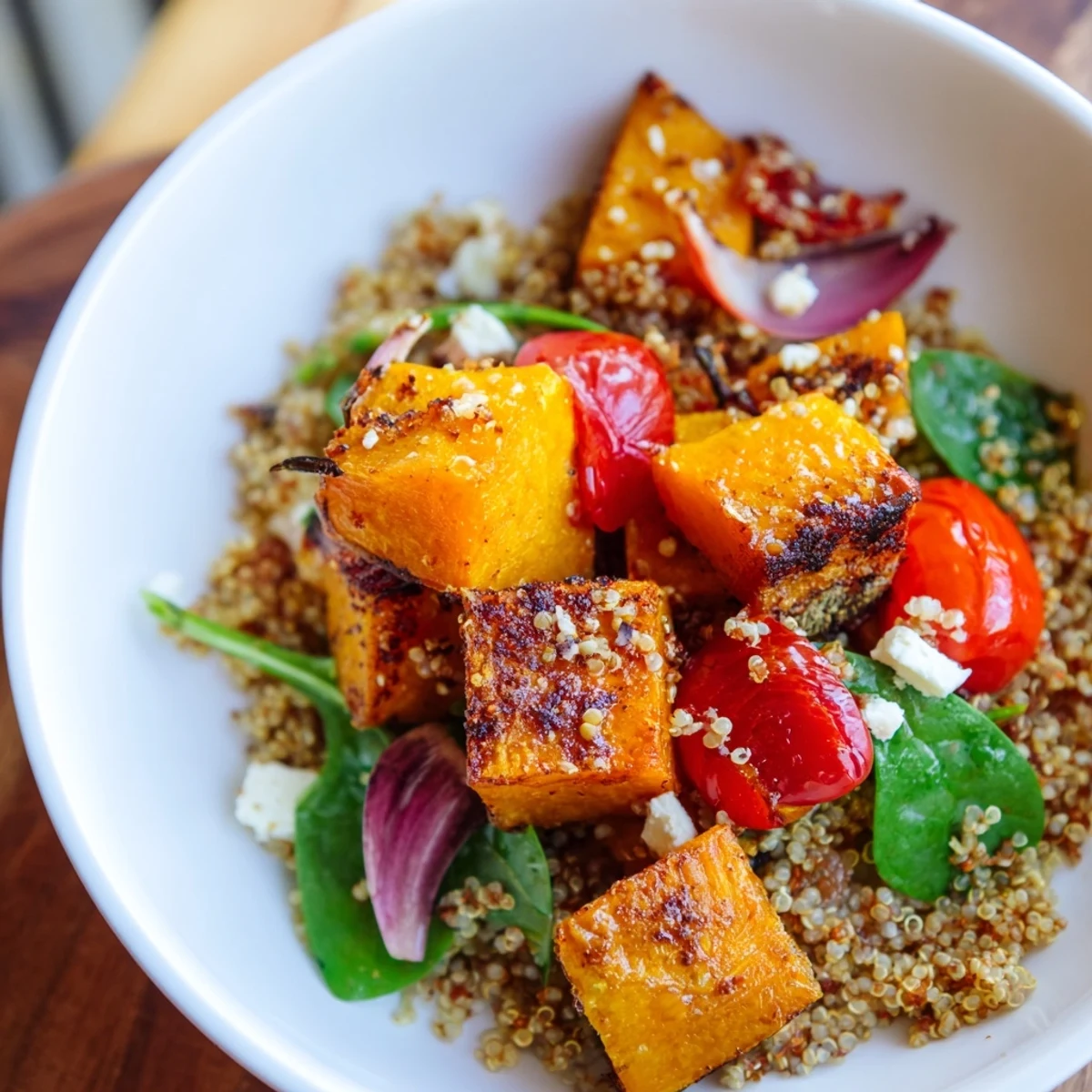 Golden Honey-Roasted Butternut Squash Bowl: Warm, caramelized squash atop quinoa, drizzled with honey-lime dressing.