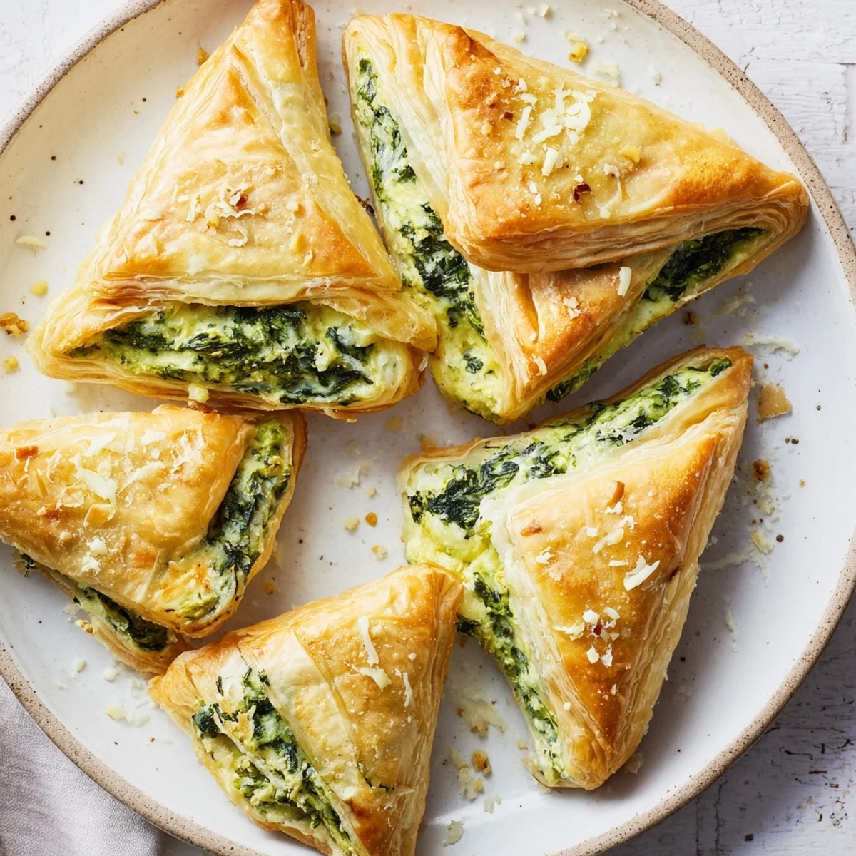 Flaky Savory Spinach and Ricotta Puff Pastry Triangles, golden brown and ready to eat, are perfect appetizers.