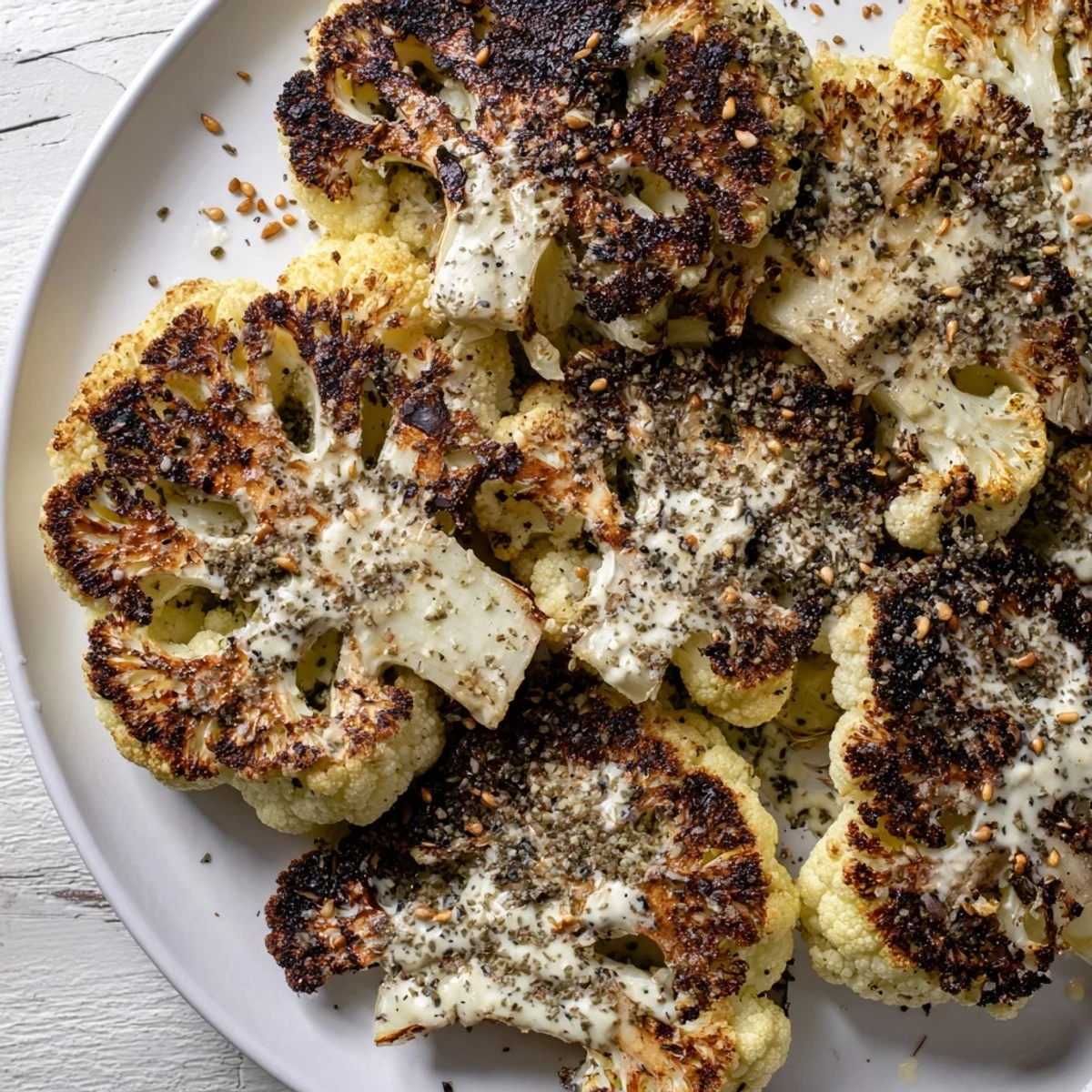 Golden roasted cauliflower steaks drizzled with creamy tahini, perfect for a flavorful vegetarian meal.