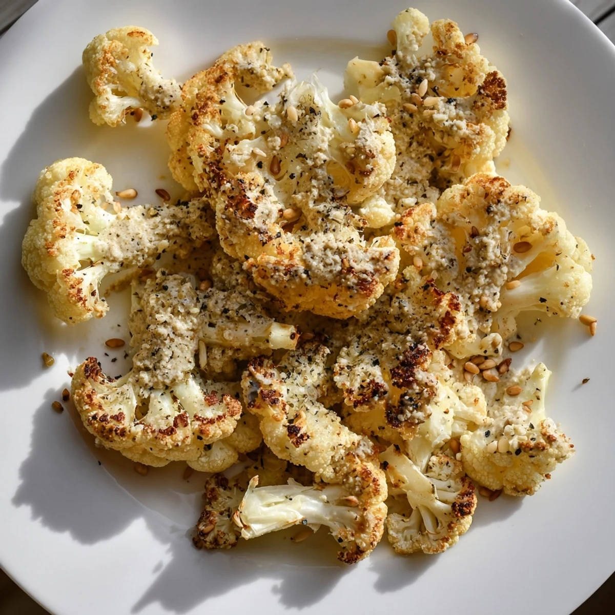 A close-up of delicious roasted cauliflower steaks, plated and ready to be enjoyed with tahini sauce.