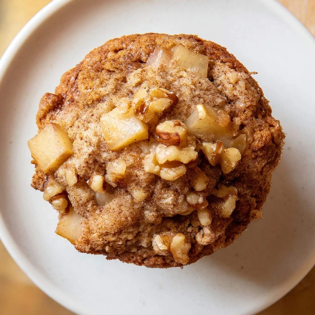 Golden-brown Seasonal Spiced Pear and Walnut Muffins, boasting visible pear chunks and a walnut topping.