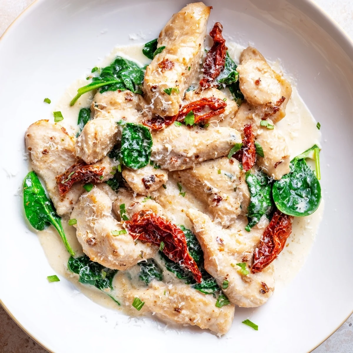 Golden-brown Creamy Tuscan Chicken breasts simmering in a rich, creamy sauce with spinach and tomatoes.