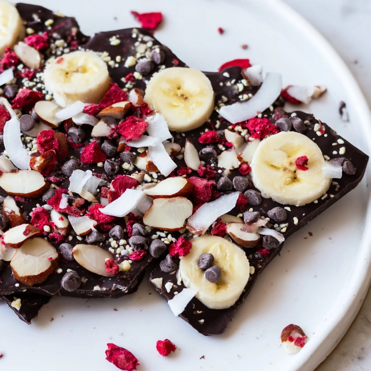 Chocolate banana bark, a refreshing dessert featuring creamy banana and rich chocolate layers.