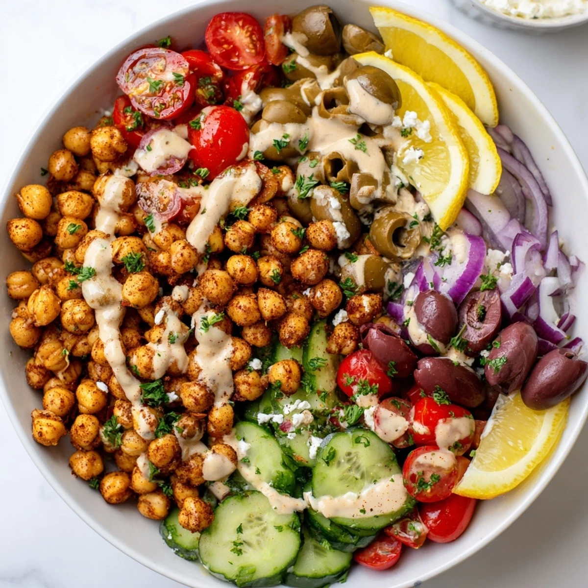 Golden, roasted chickpeas and fresh vegetables star in this vibrant Mediterranean Chickpea Bowl.