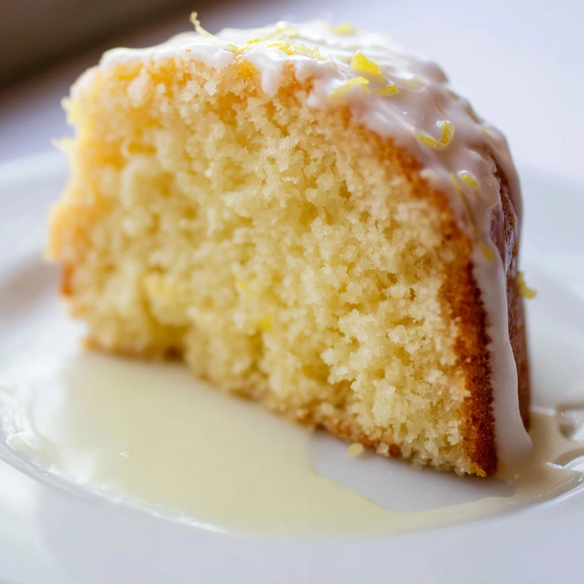 Golden slice of homemade Lemon Yogurt Cake, drizzled with sweet lemon glaze for dessert.