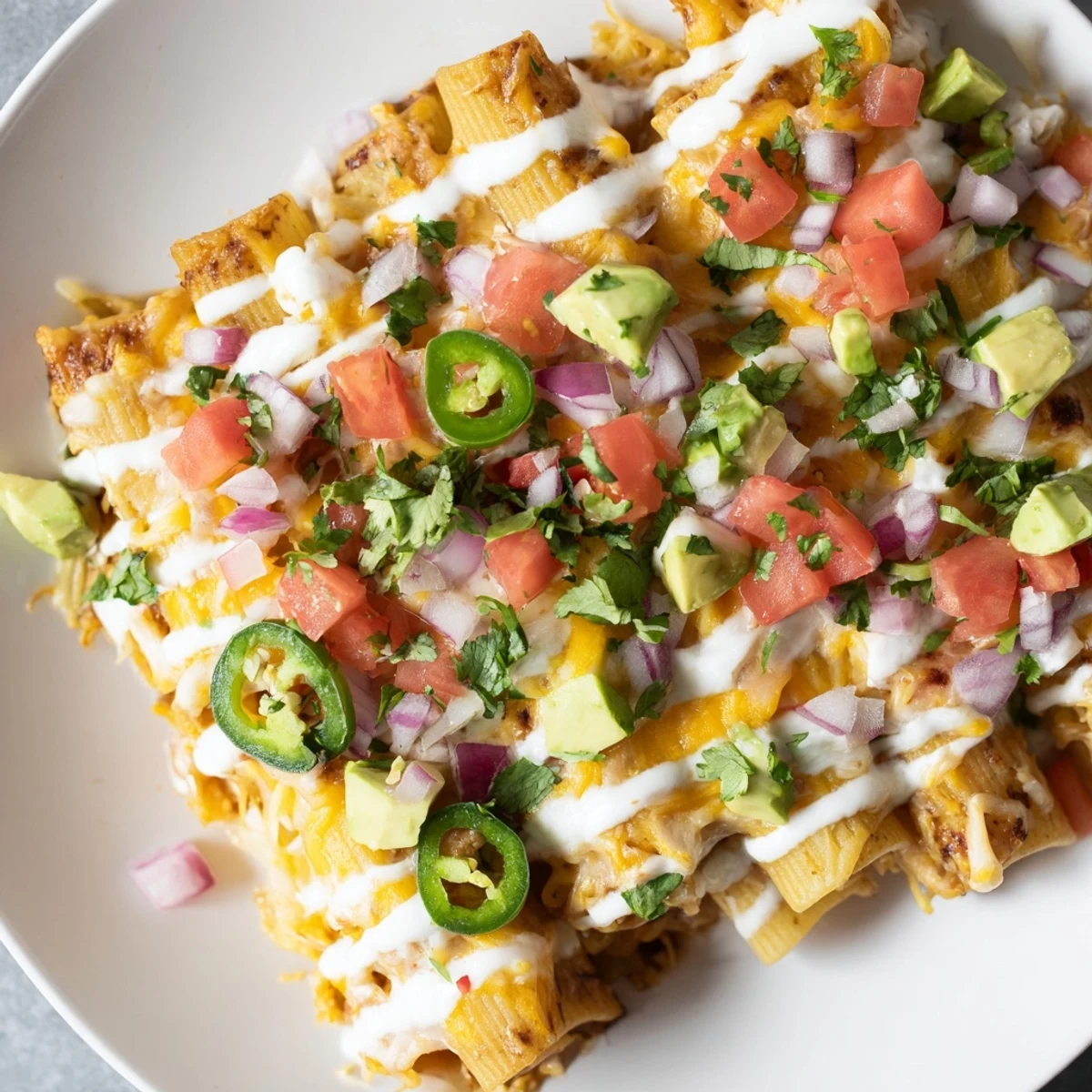 Golden pasta chips nachos piled high with melted cheese and fresh, vibrant toppings.