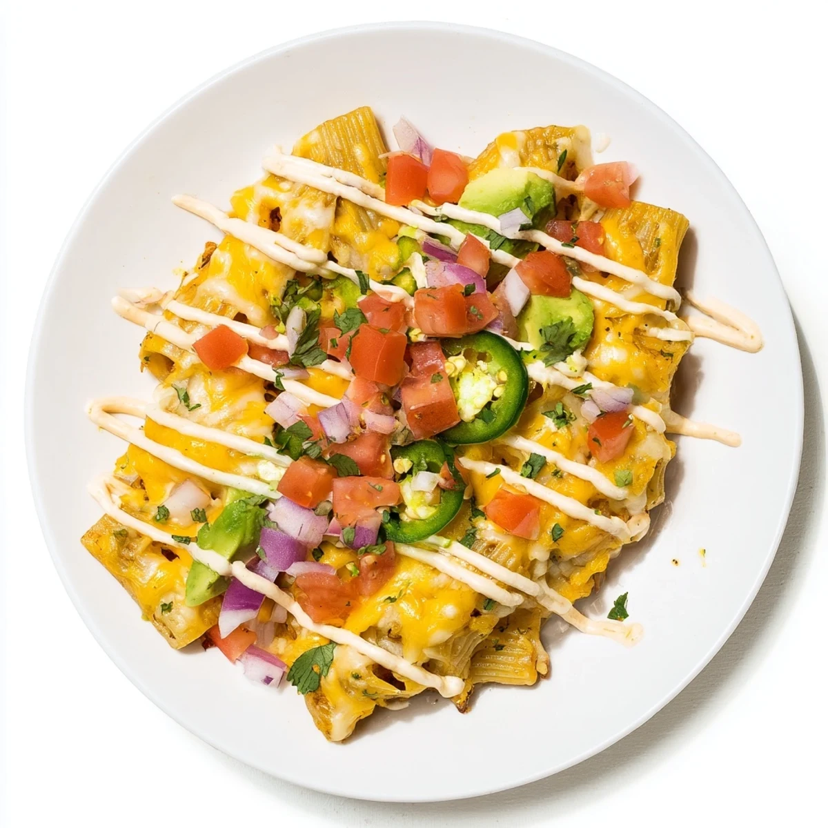 A close-up of delicious pasta chip nachos, a cheesy, colorful appetizer ready to enjoy.