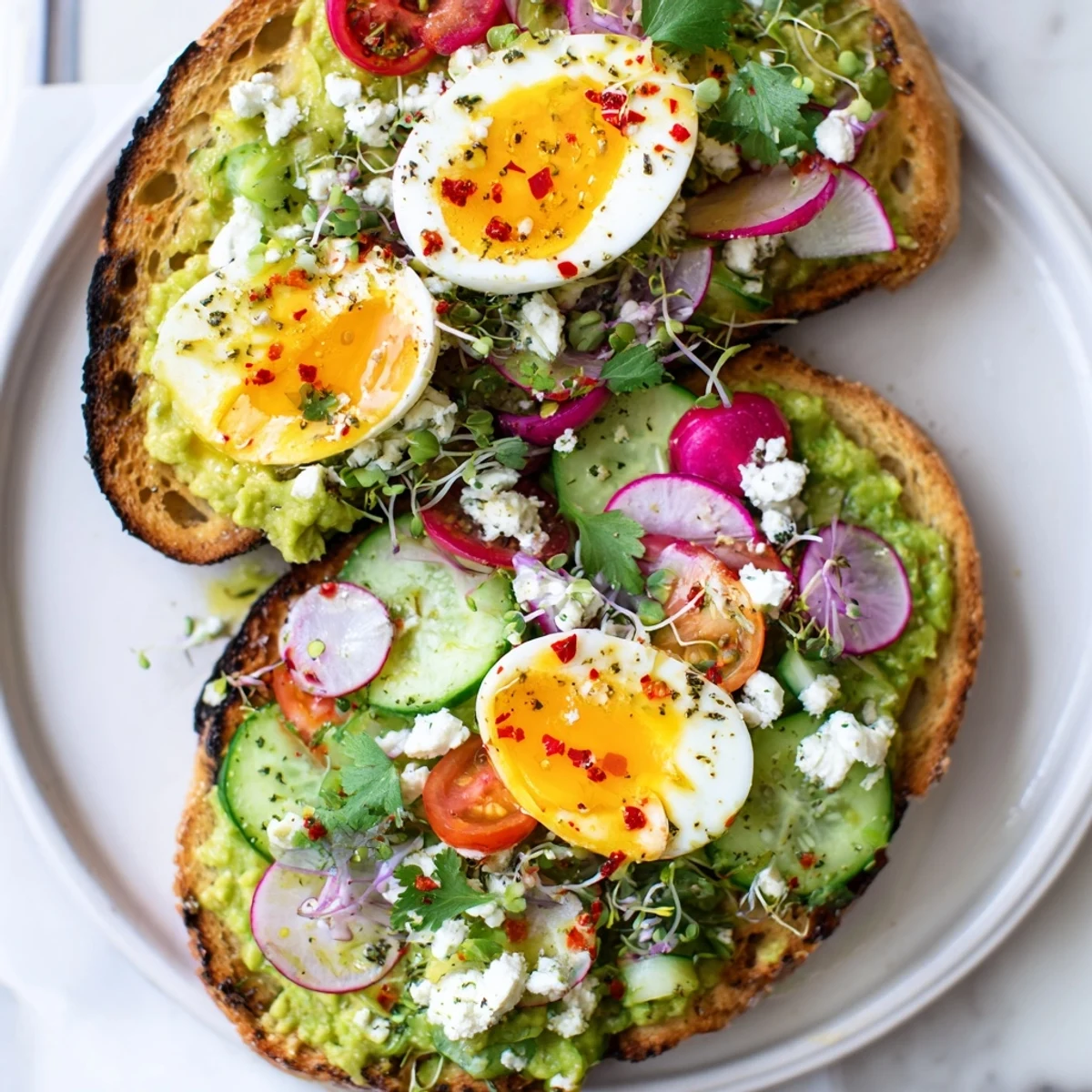 Creamy avocado spread and toppings on Loaded Avocado Toast, ready to eat for breakfast or brunch.