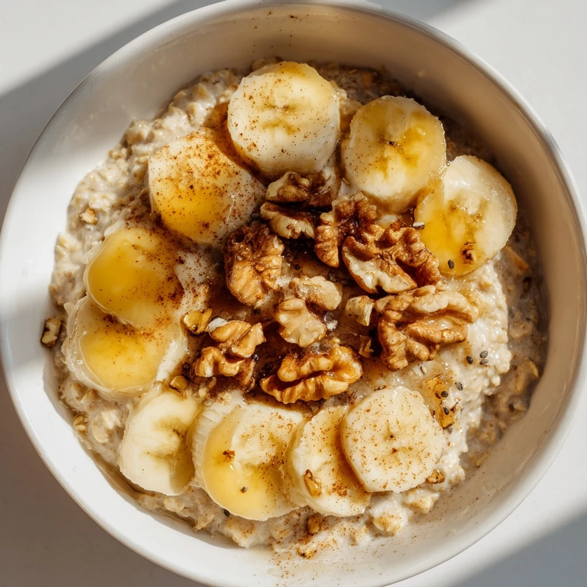 A close-up of a warm bowl of microwave banana oats with a sprinkle of cinnamon and nuts.