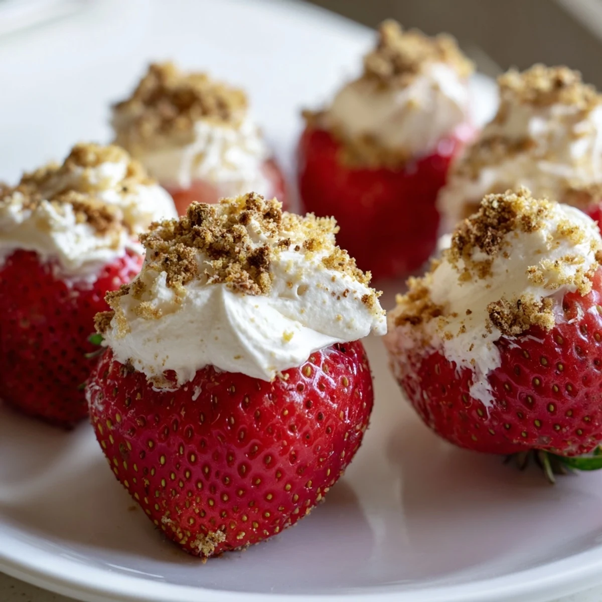 Fresh, juicy Cheesecake Stuffed Strawberries bursting with creamy filling, topped with crumbly graham crackers.