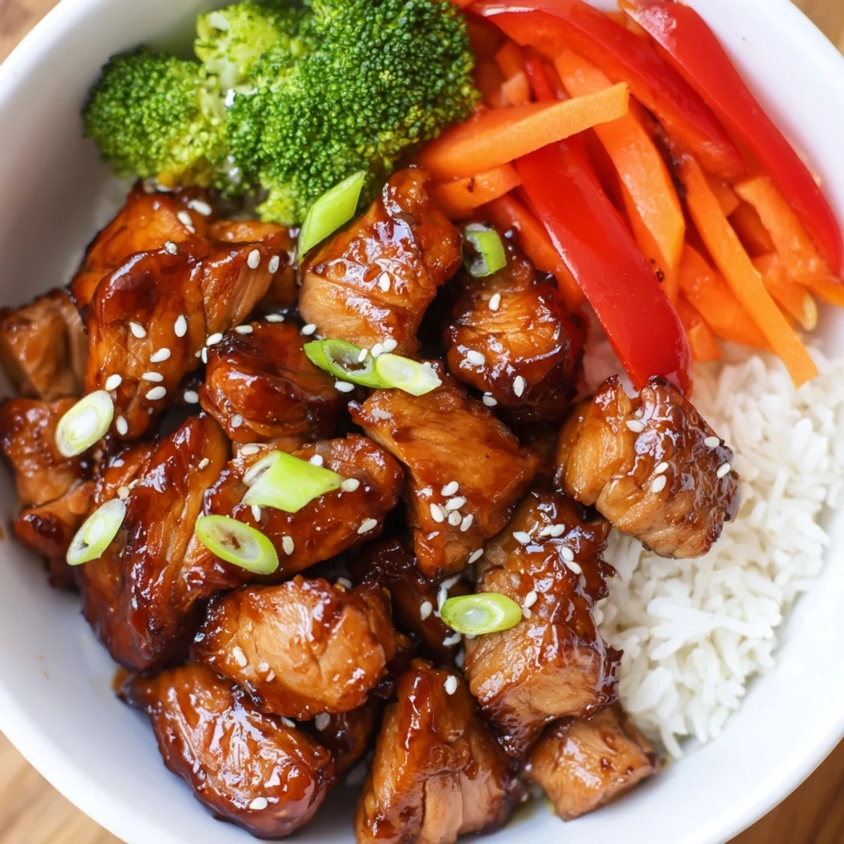 Golden, glistening teriyaki chicken, coated in sauce with colorful vegetables served over fluffy rice.