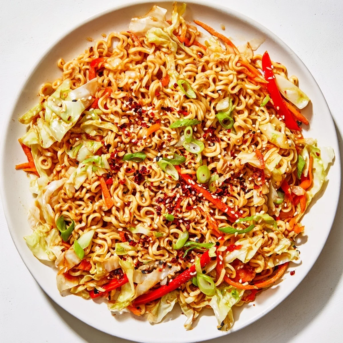 Steaming bowl of spicy ramen stir fry, a quick and delicious Asian-inspired noodle dish.