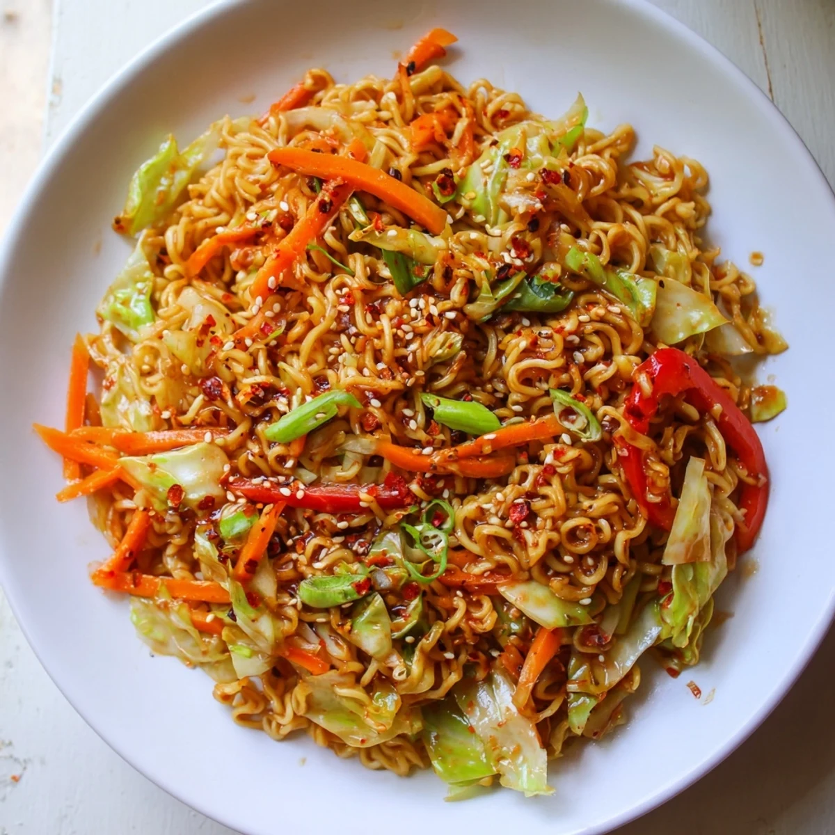 Close-up view of a flavorful spicy ramen stir fry, garnished with green onions and sesame seeds.