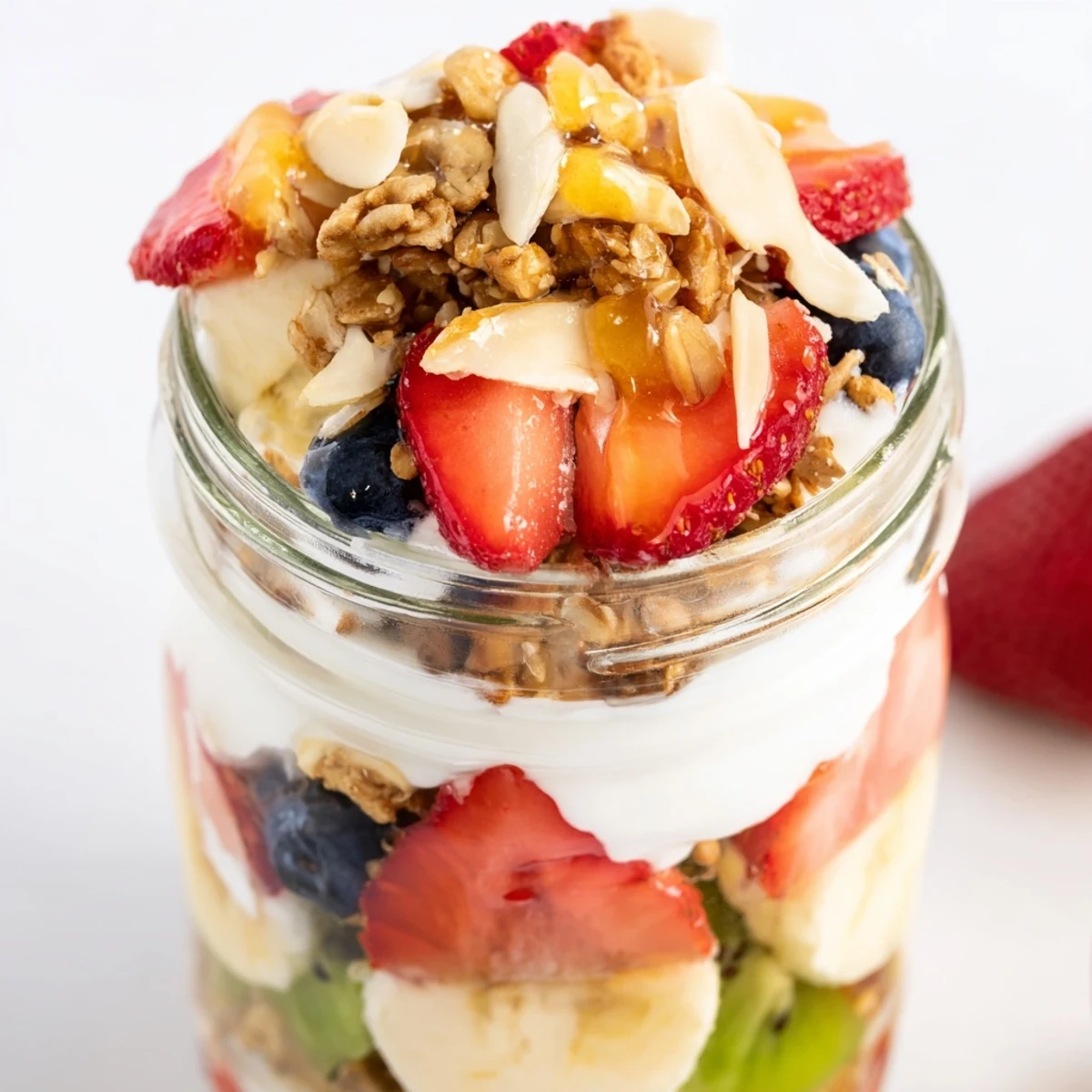Vibrant Layered Yogurt Fruit Parfait with overflowing berries, granola, and creamy yogurt, ready to enjoy.