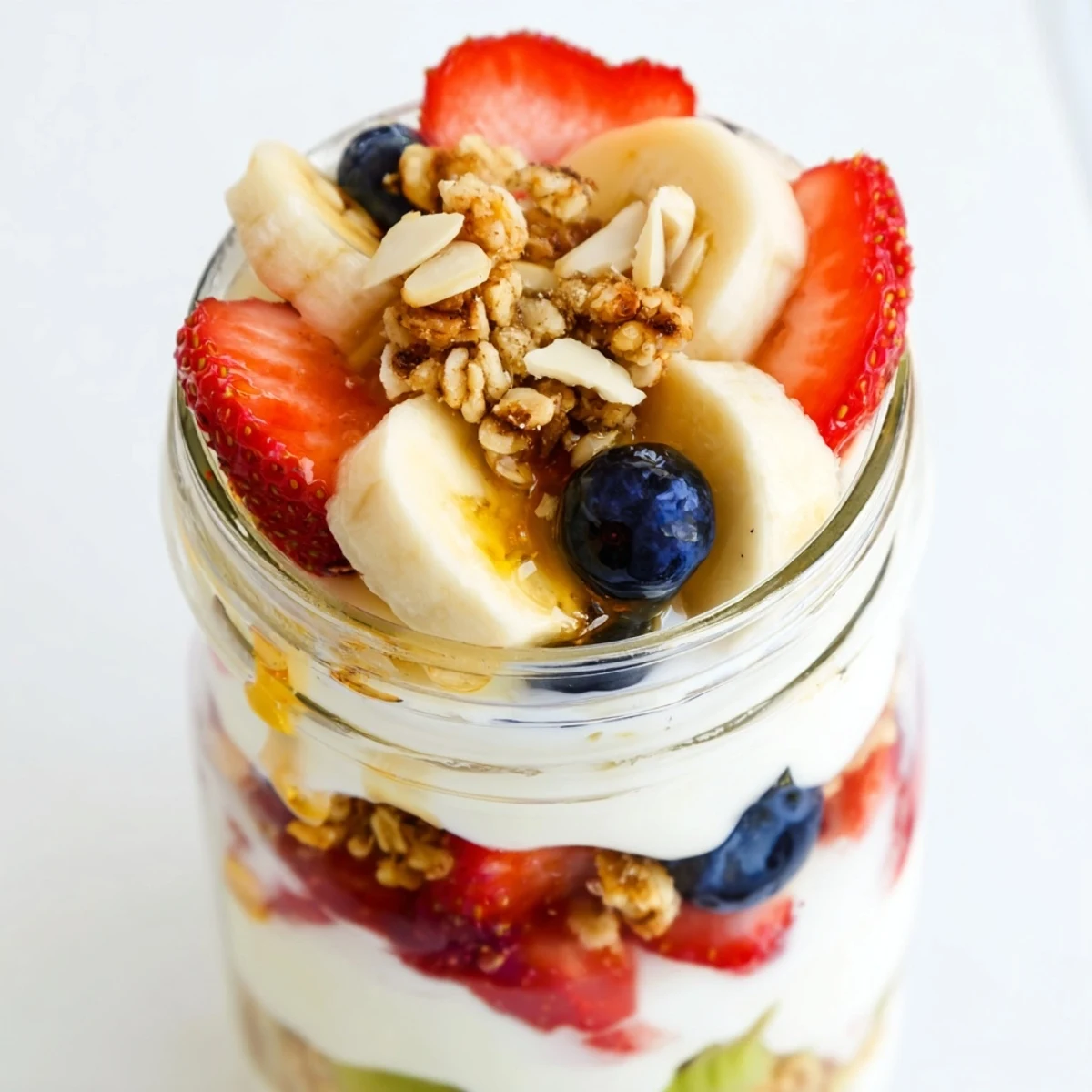 A beautiful Layered Yogurt Fruit Parfait, showing layers of fresh fruit, creating a healthy breakfast cup.