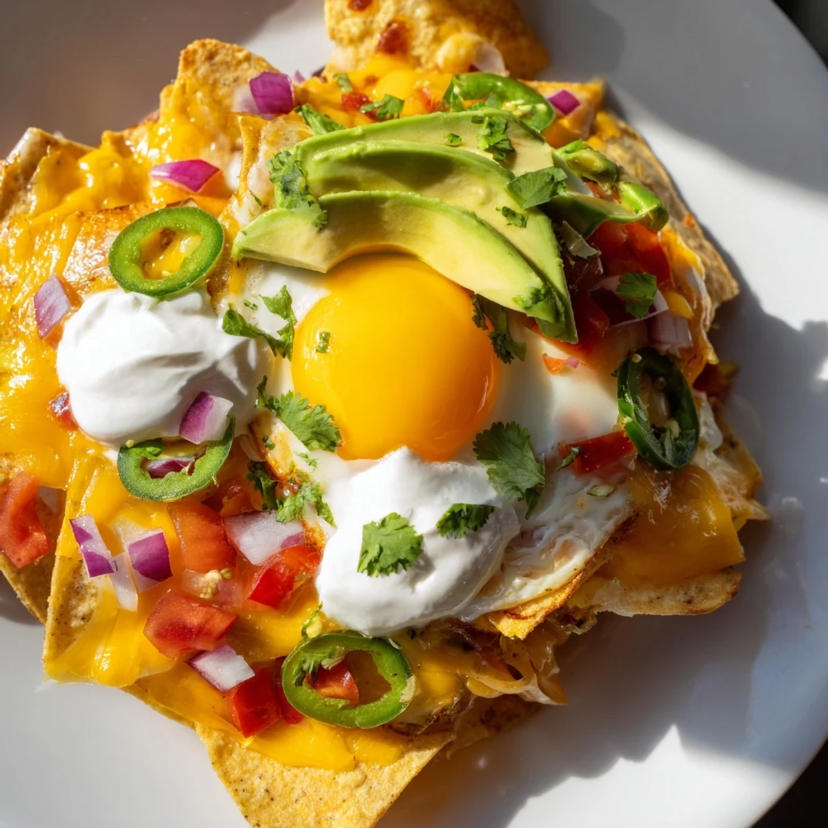 Golden, melted cheese blankets the delicious Egg-Topped Breakfast Nachos, garnished with fresh cilantro and avocado.