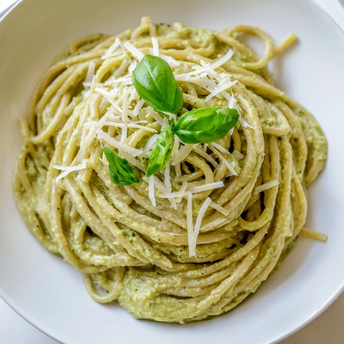 A bright, creamy bowl of Creamy Avocado Pasta, garnished with fresh basil and Parmesan cheese.