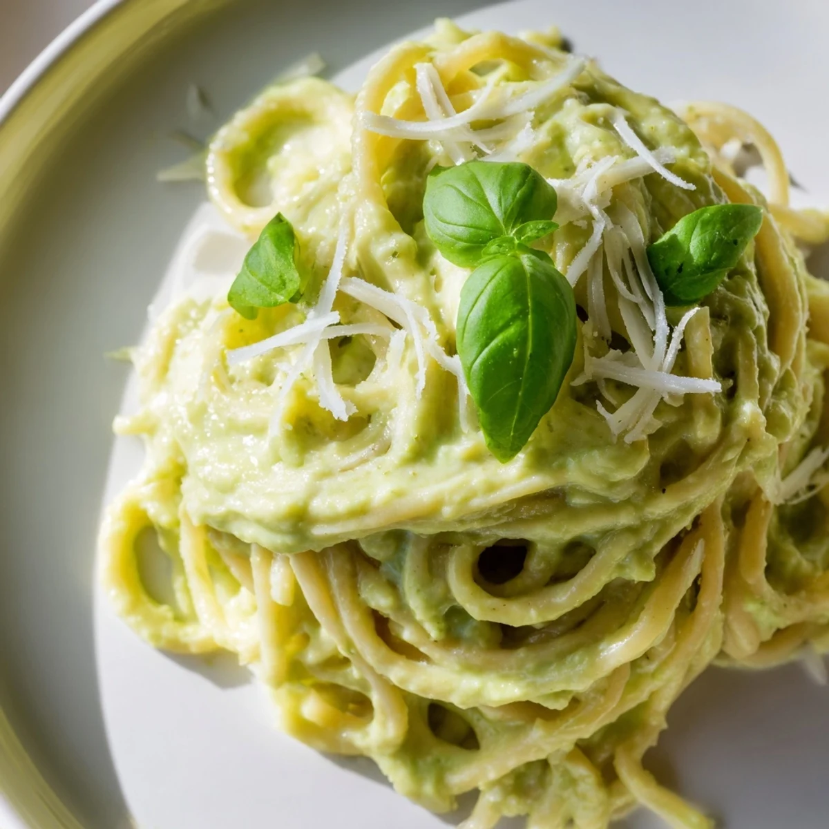 Enjoy a plate of luscious Creamy Avocado Pasta with a vibrant green avocado sauce and fresh herbs.