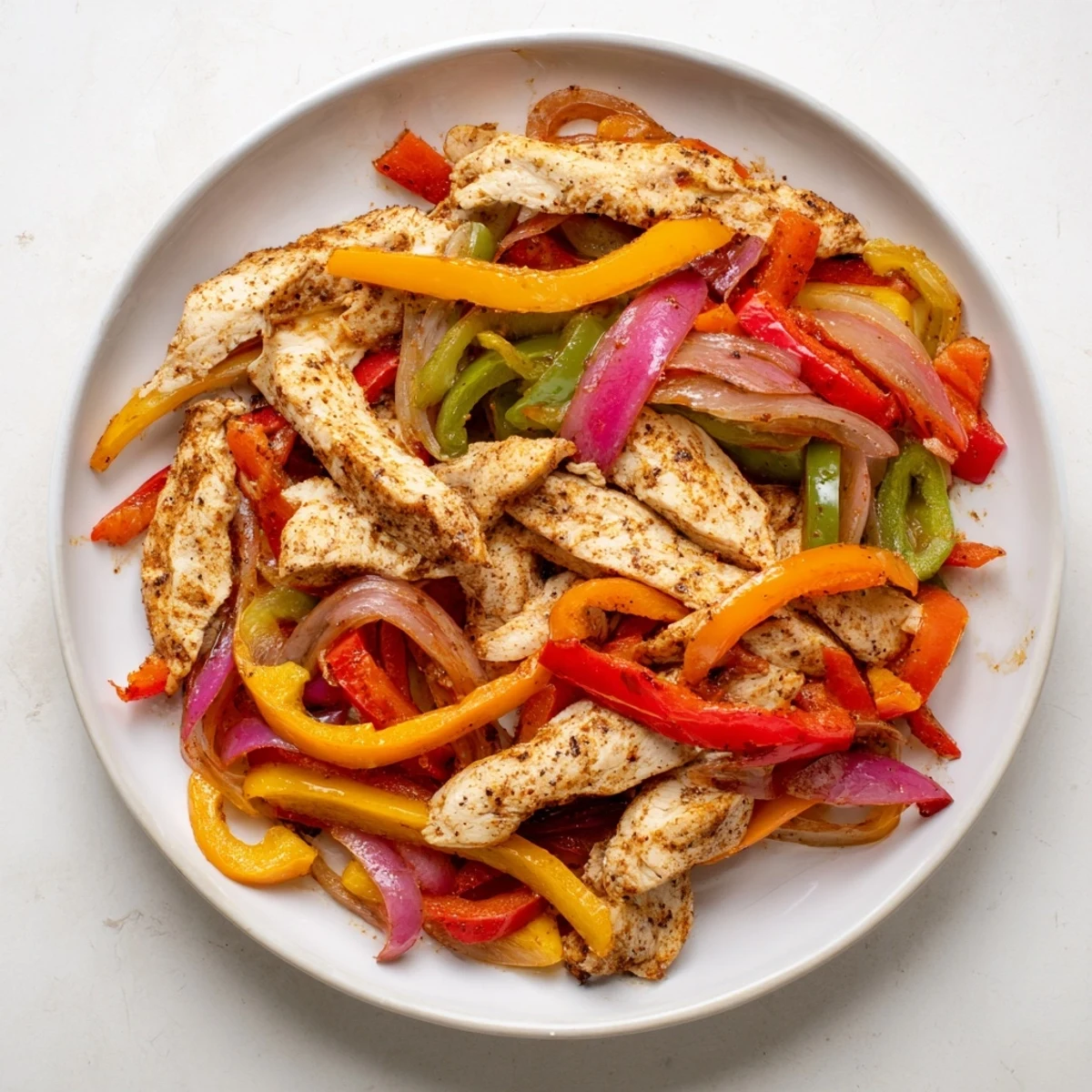 Tender sheet-pan chicken fajitas, bursting with peppers and onions ready to be wrapped in a warm tortilla.