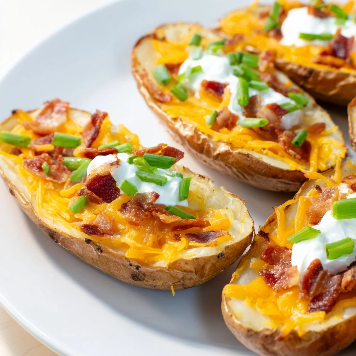 Golden, crispy Loaded Baked Potato Skins, generously filled with bubbling cheese, bacon crumbles, and fresh chives.
