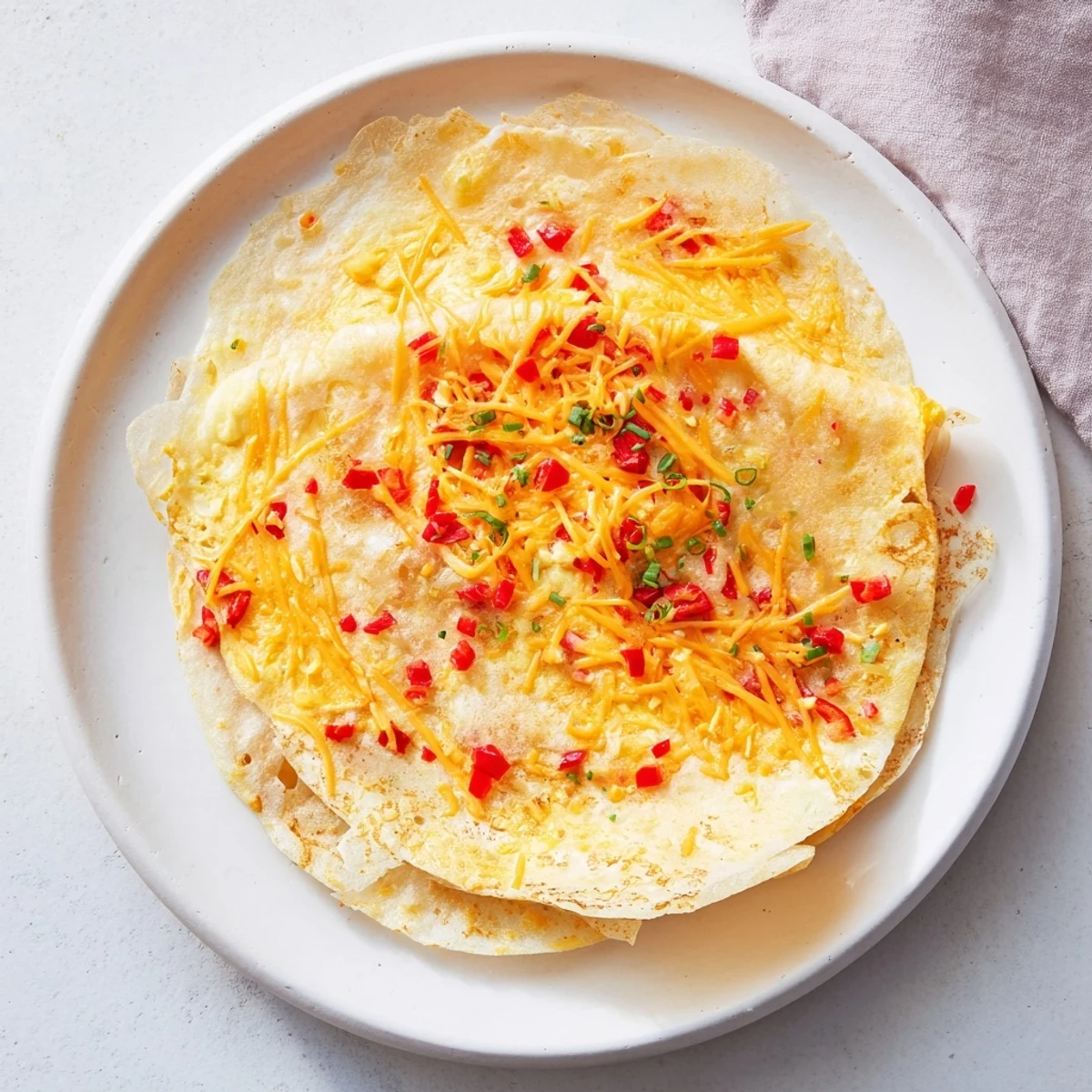 A close-up of a perfectly cooked Rice Paper Egg Cheese Wrap; golden brown and ready to eat.