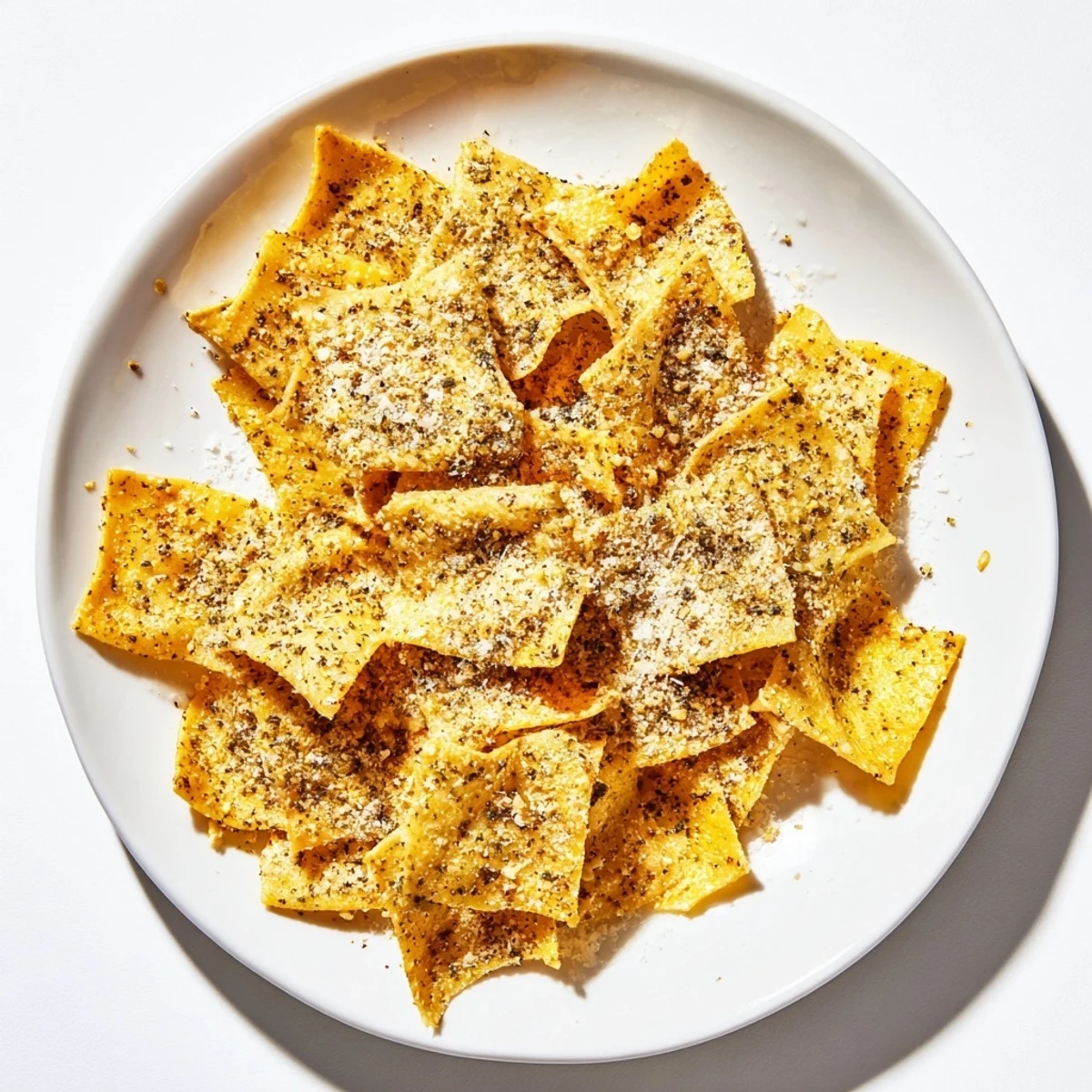 Close-up of golden pasta chips—a crunchy, irresistible snack made with simple ingredients.