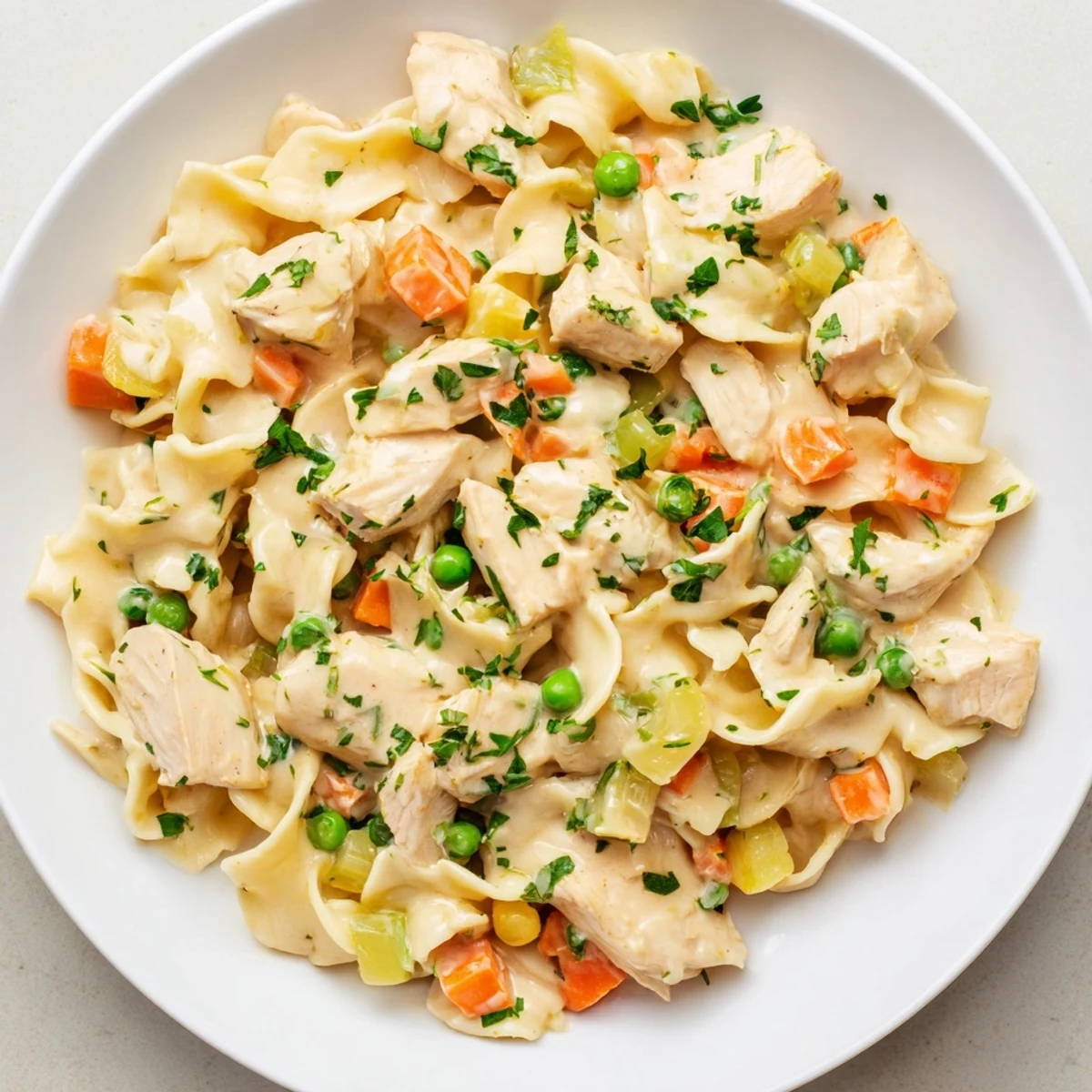 Steaming creamy chicken and egg noodles, a comforting bowl of savory, flavorful goodness with herbs.