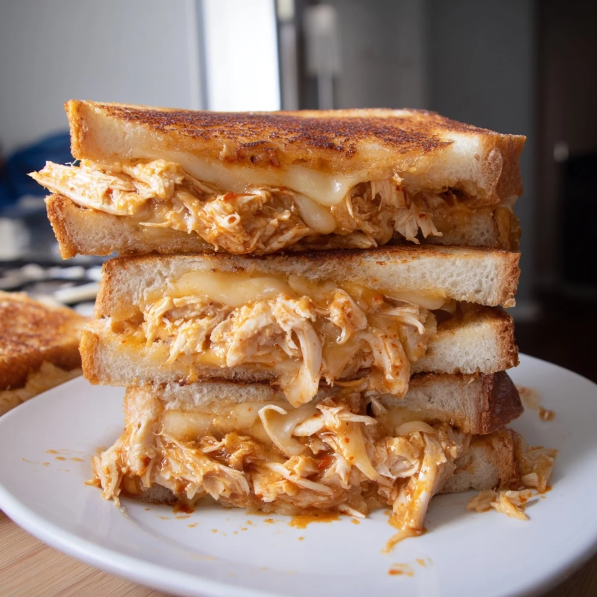 Golden grilled Chili Crisp Honey Chicken Grilled Cheese oozing with melted cheese and spicy-sweet chicken filling.