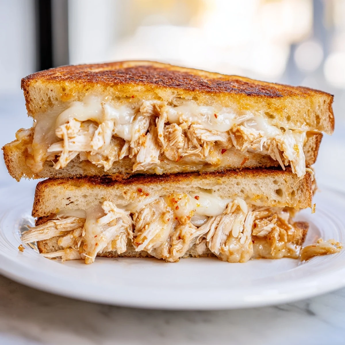 Crispy sourdough grilled with Chili Crisp Honey Chicken Grilled Cheese, featuring visually appealing layers of cheese and chicken.