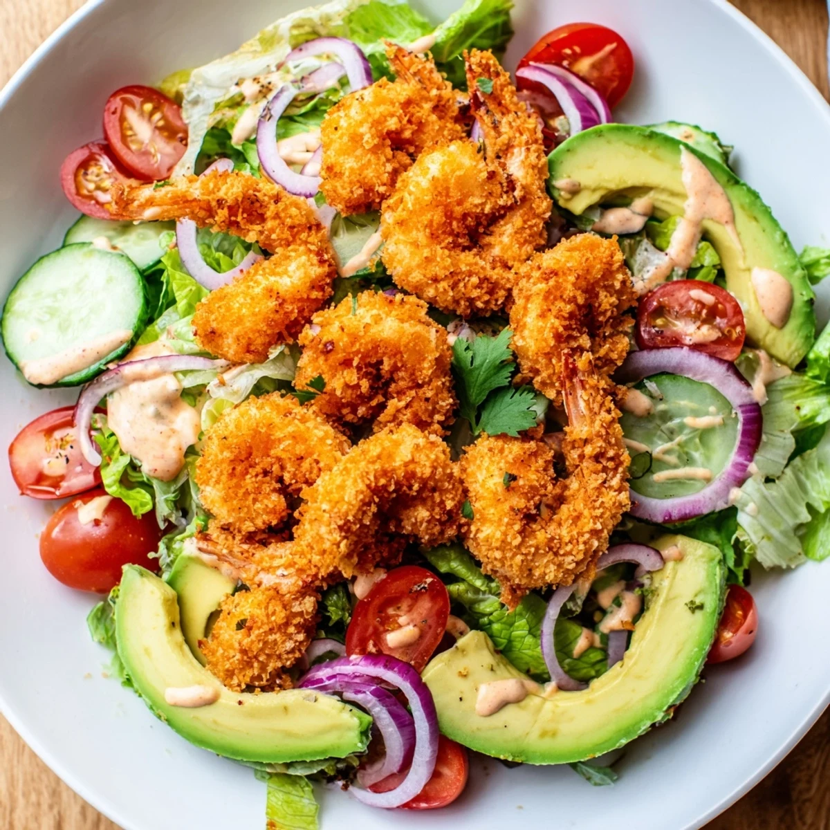 Crispy golden Spicy Crispy Shrimp Salad beautifully plated next to vibrant avocado and tomatoes, ready to eat.