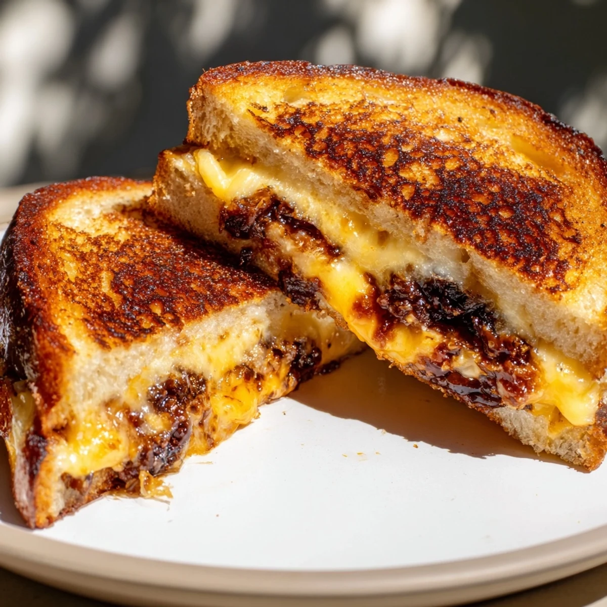 Golden-brown Bacon Jam Grilled Cheese oozing with melted cheese, a real comfort food favorite.